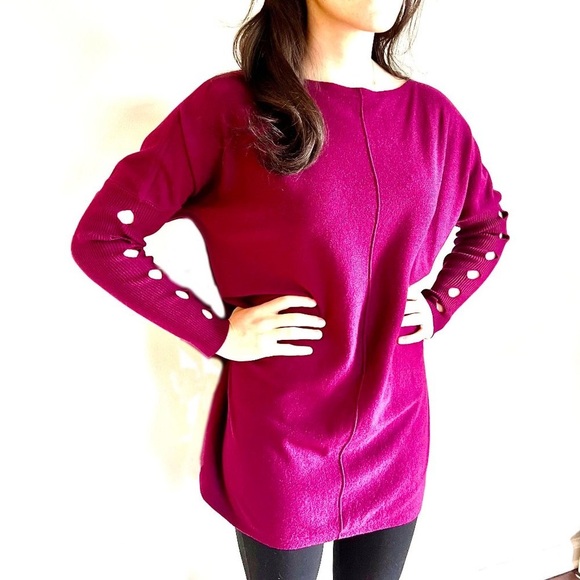 NEW CASHMERE FEEL BOAT NECK TUNIC TOP WITH SLEEVE DETAIL HOT PINK - Picture 3 of 11